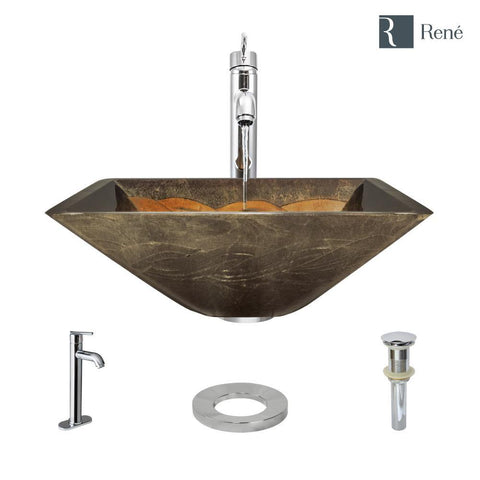Rene 17" Square Glass Bathroom Sink, Metallic Green and Gold, with Faucet, R5-5036-R9-7001-C