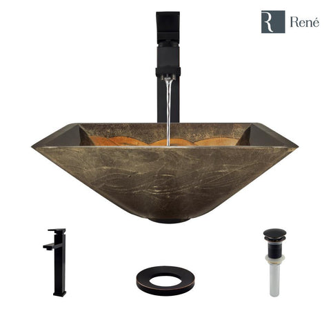Rene 17" Square Glass Bathroom Sink, Metallic Green and Gold, with Faucet, R5-5036-R9-7003-ABR