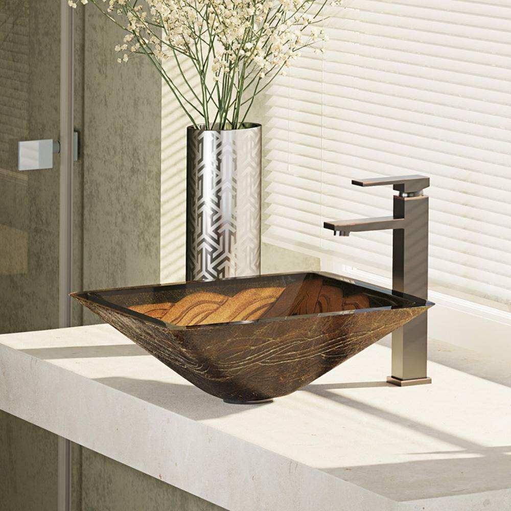 Rene 17" Square Glass Bathroom Sink, Metallic Green and Gold, with Faucet, R5-5036-R9-7003-ABR - The Sink Boutique