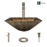 Rene 17" Square Glass Bathroom Sink, Metallic Green and Gold, with Faucet, R5-5036-R9-7003-BN