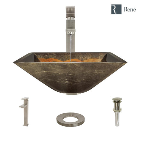 Rene 17" Square Glass Bathroom Sink, Metallic Green and Gold, with Faucet, R5-5036-R9-7003-BN