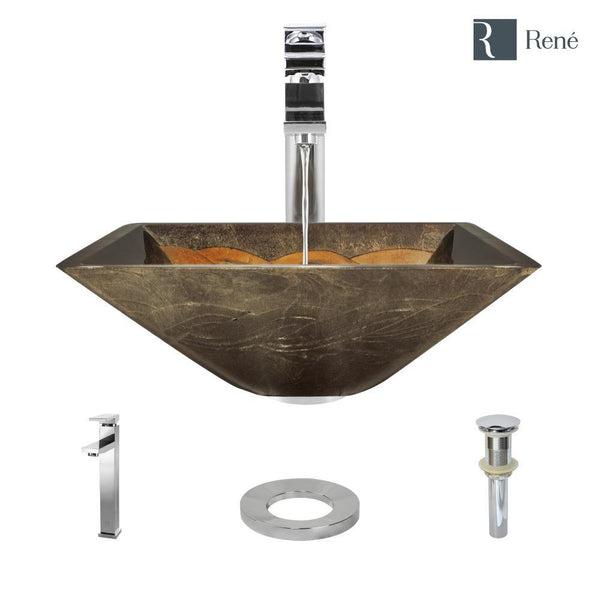 Rene 17" Square Glass Bathroom Sink, Metallic Green and Gold, with Faucet, R5-5036-R9-7003-C