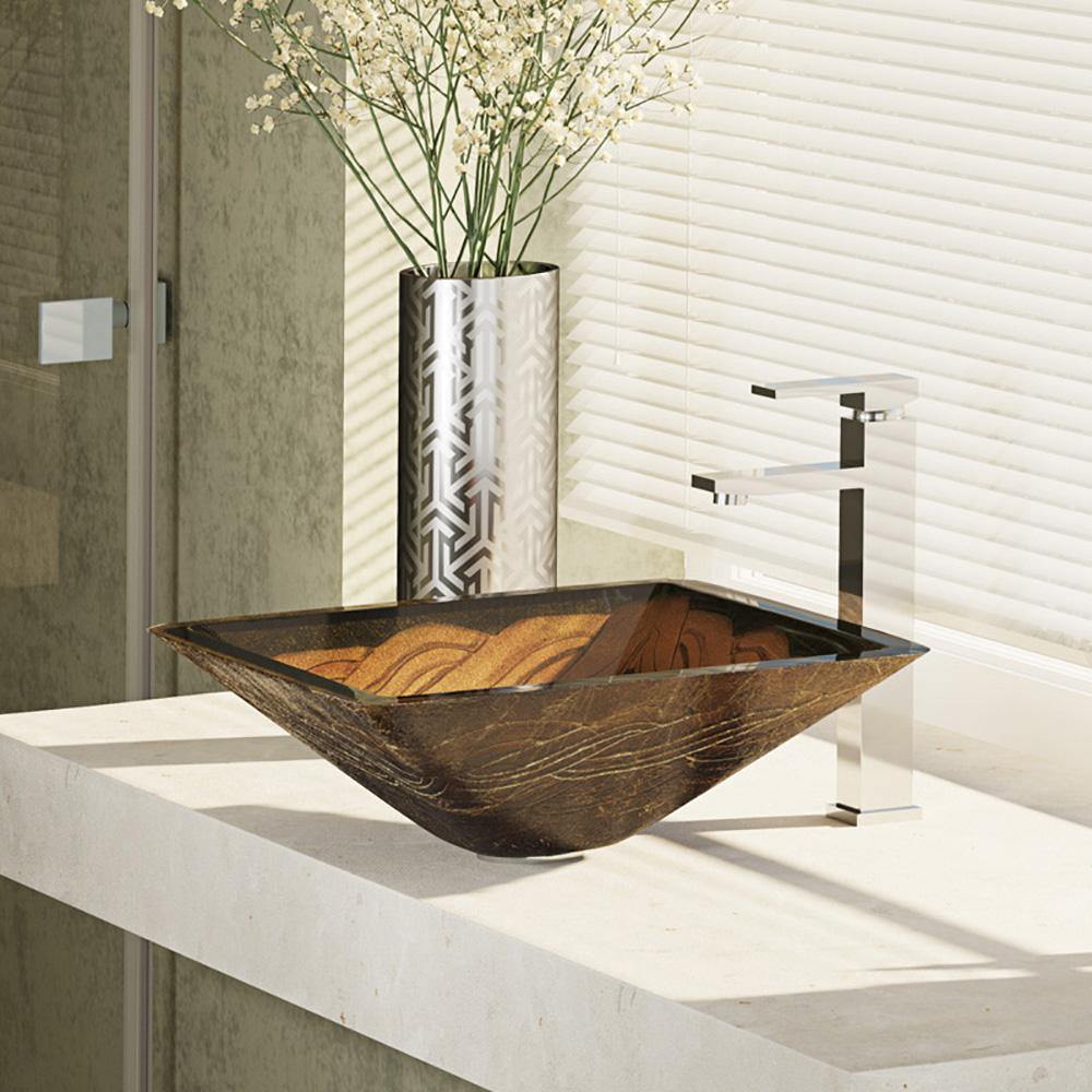 Rene 17" Square Glass Bathroom Sink, Metallic Green and Gold, with Faucet, R5-5036-R9-7003-C - The Sink Boutique