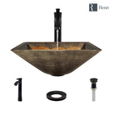 Rene 17" Square Glass Bathroom Sink, Metallic Green and Gold, with Faucet, R5-5036-R9-7006-ABR