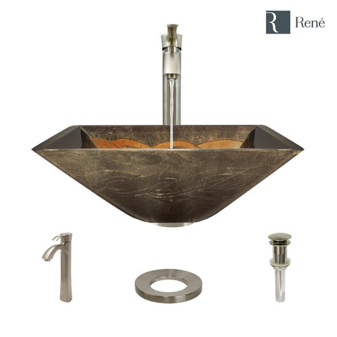 Rene 17" Square Glass Bathroom Sink, Metallic Green and Gold, with Faucet, R5-5036-R9-7006-BN