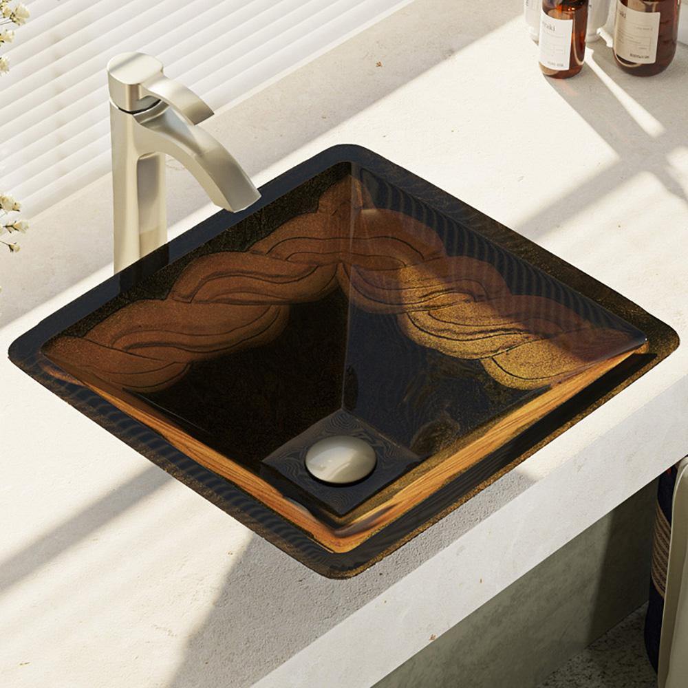 Rene 17" Square Glass Bathroom Sink, Metallic Green and Gold, with Faucet, R5-5036-R9-7006-BN - The Sink Boutique