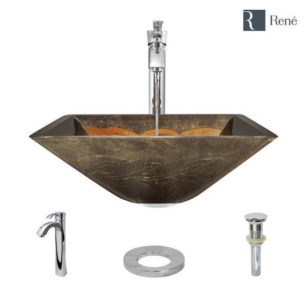 Rene 17" Square Glass Bathroom Sink, Metallic Green and Gold, with Faucet, R5-5036-R9-7006-C