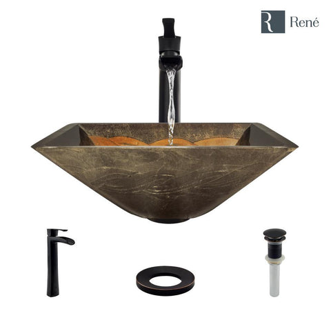 Rene 17" Square Glass Bathroom Sink, Metallic Green and Gold, with Faucet, R5-5036-R9-7007-ABR