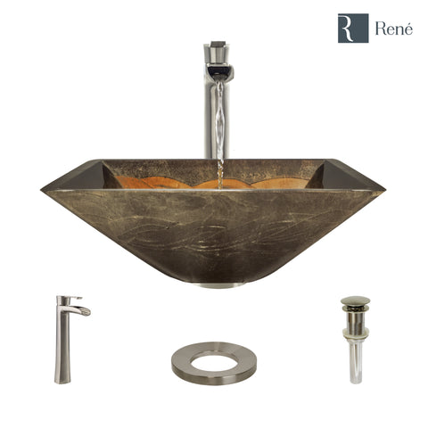 Rene 17" Square Glass Bathroom Sink, Metallic Green and Gold, with Faucet, R5-5036-R9-7007-BN