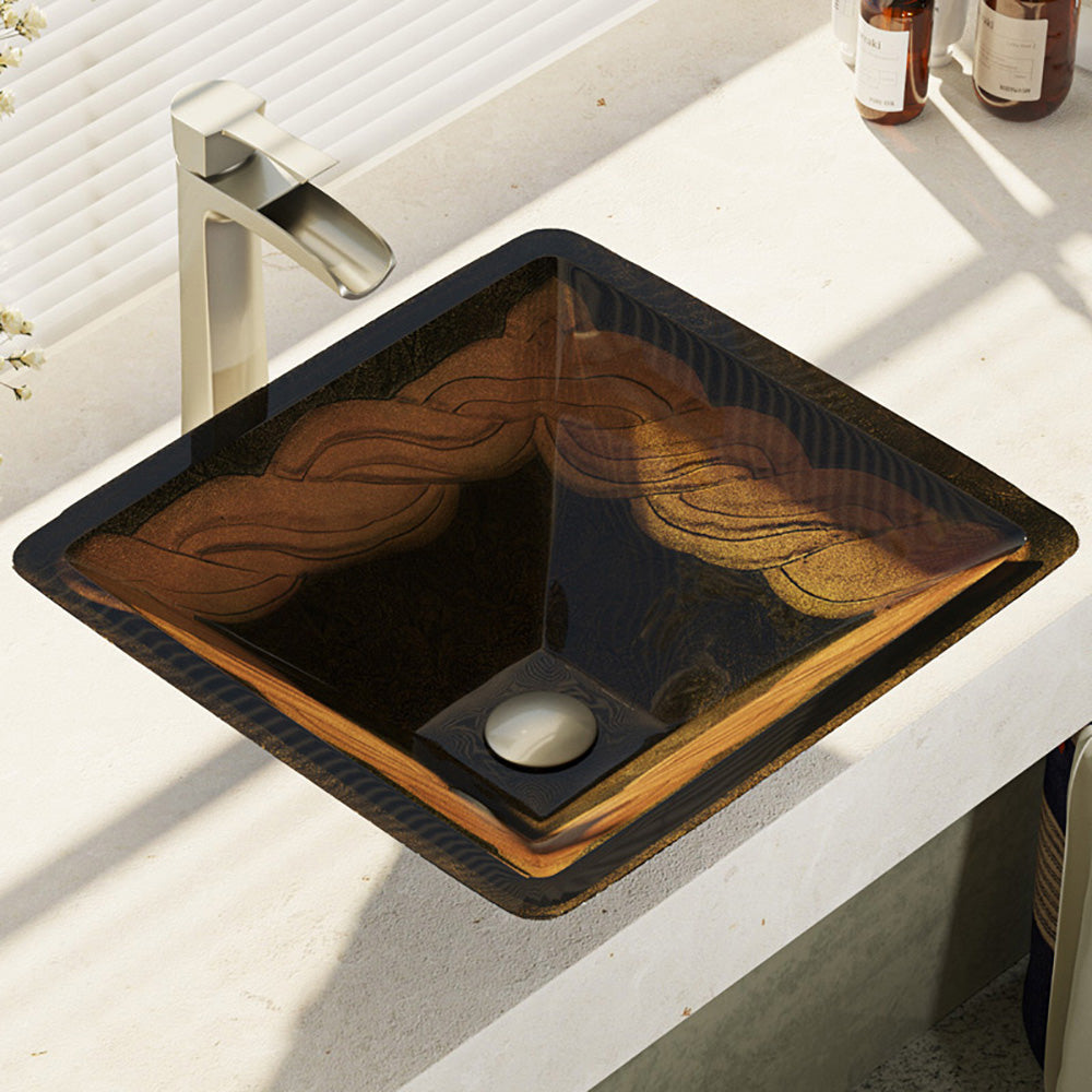 Rene 17" Square Glass Bathroom Sink, Metallic Green and Gold, with Faucet, R5-5036-R9-7007-BN - The Sink Boutique