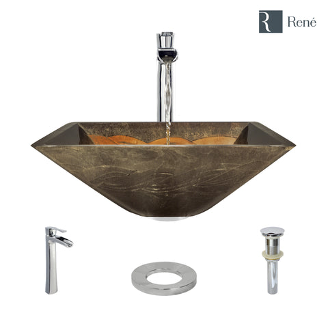Rene 17" Square Glass Bathroom Sink, Metallic Green and Gold, with Faucet, R5-5036-R9-7007-C