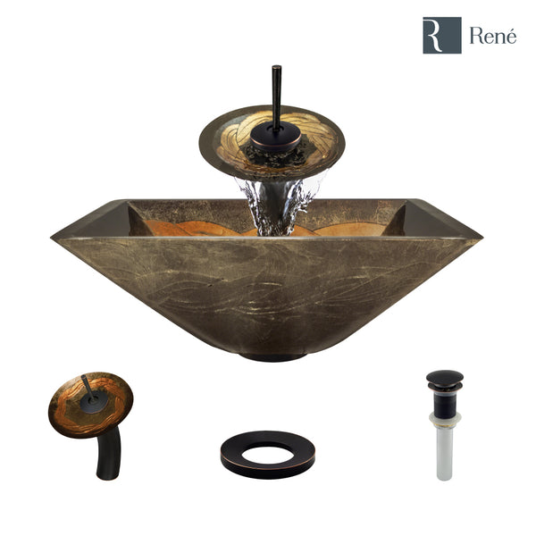 Rene 17" Square Glass Bathroom Sink, Metallic Green and Gold, with Faucet, R5-5036-WF-ABR