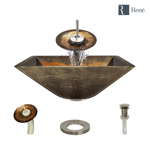 Rene 17" Square Glass Bathroom Sink, Metallic Green and Gold, with Faucet, R5-5036-WF-BN