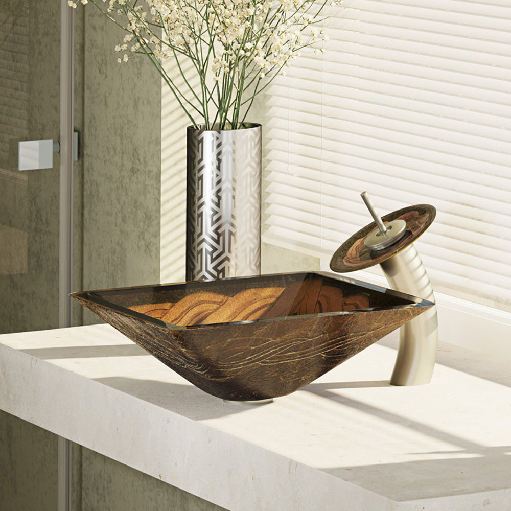 Alternate Image for Rene 17" Square Glass Bathroom Sink, Metallic Green and Gold, with Faucet, R5-5036-WF-BN