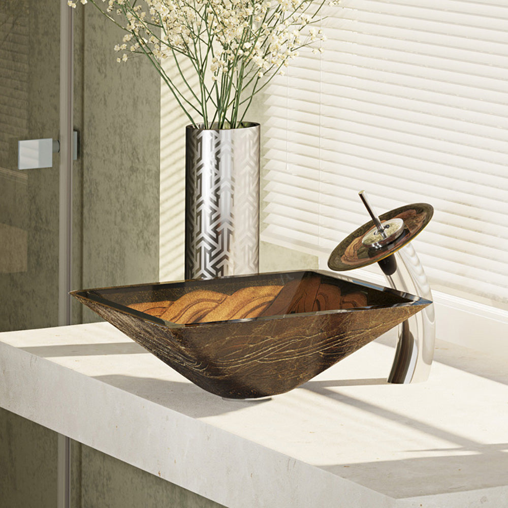 Rene 17" Square Glass Bathroom Sink, Metallic Green and Gold, with Faucet, R5-5036-WF-C - The Sink Boutique