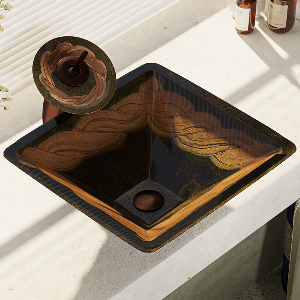 Rene 17" Square Glass Bathroom Sink, Metallic Green and Gold, with Faucet, R5-5036-WF-ORB - The Sink Boutique