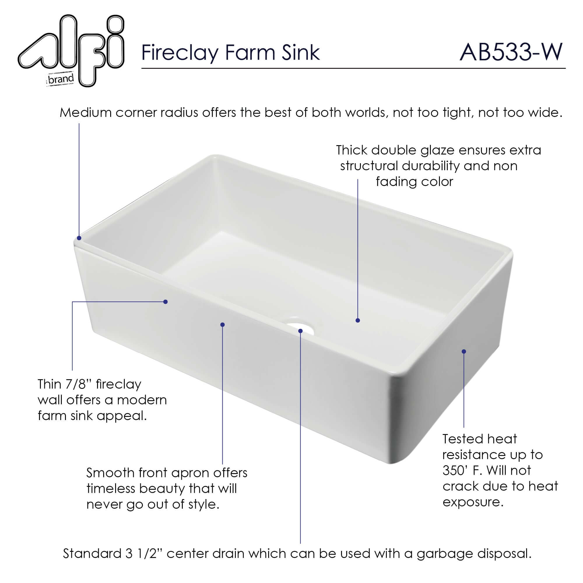 ALFI 33" Single Bowl Fireclay Farmhouse Apron Sink, White, AB533-W