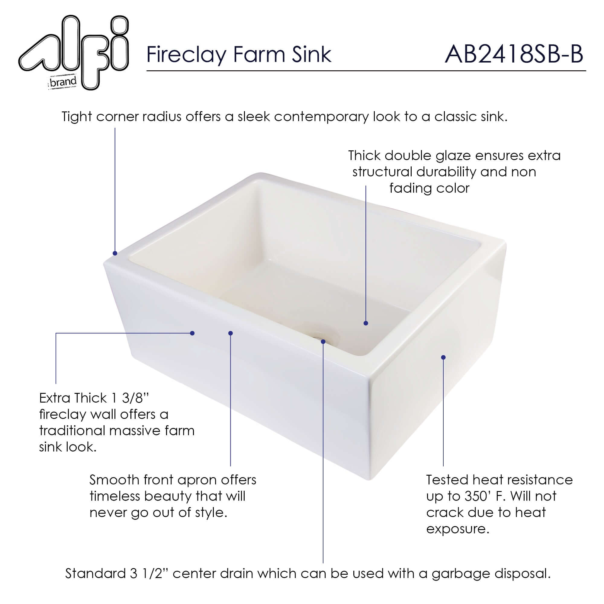 ALFI 24" Single Bowl Thick Wall Fireclay Farmhouse Apron Sink, Biscuit - The Sink Boutique
