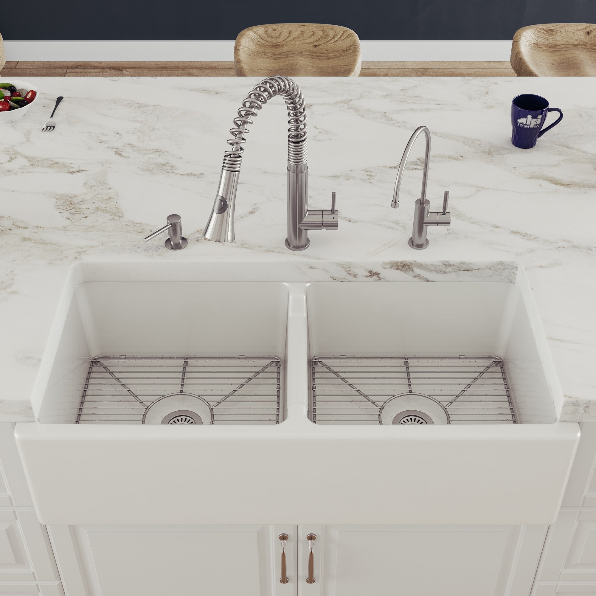 ALFI 39" Fireclay Double Bowl Bowl Farmhouse Apron Sink, White, AB3918DB - The Sink Boutique