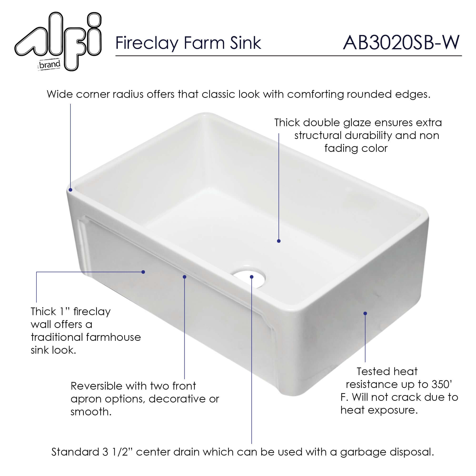 ALFI 30" Single Bowl Fireclay Farmhouse Apron Sink, White, AB3020SB-W - The Sink Boutique