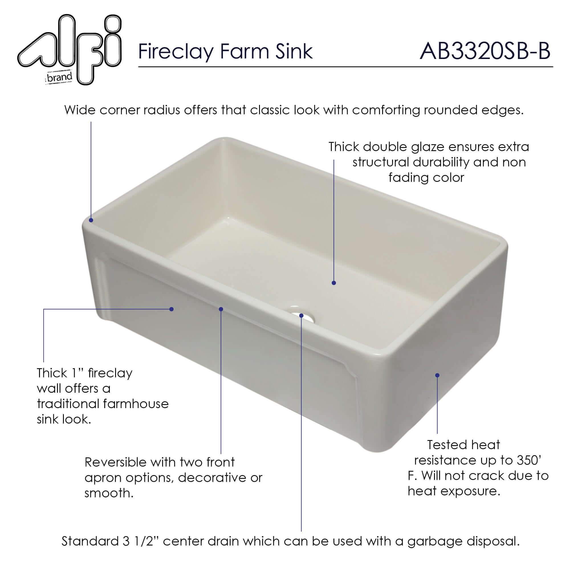 ALFI 33" Single Bowl Fireclay Farmhouse Apron Sink, Biscuit, AB3320SB-B - The Sink Boutique