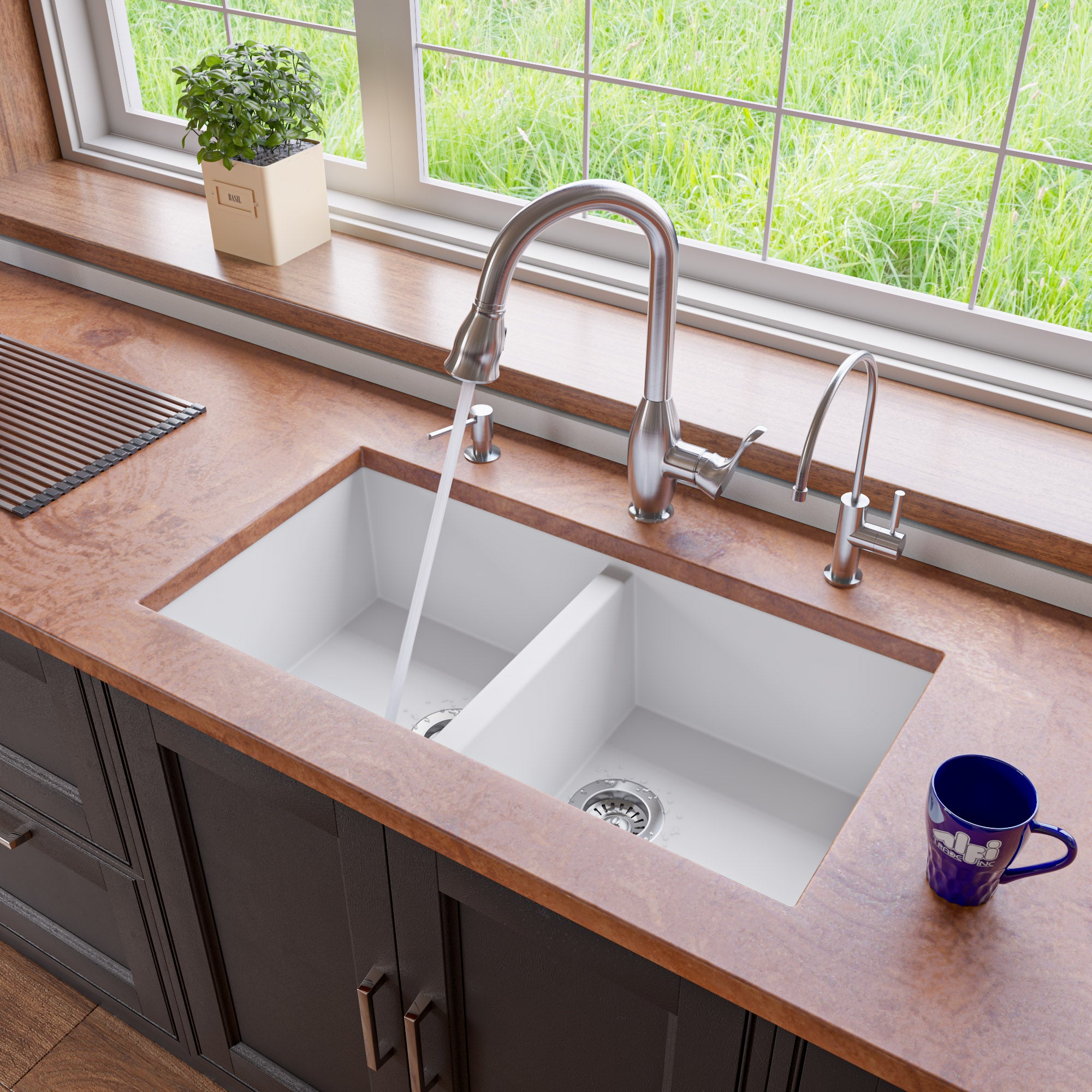 ALFI White 34" Undermount Double Bowl Granite Composite Kitchen Sink, AB3420UM-W
