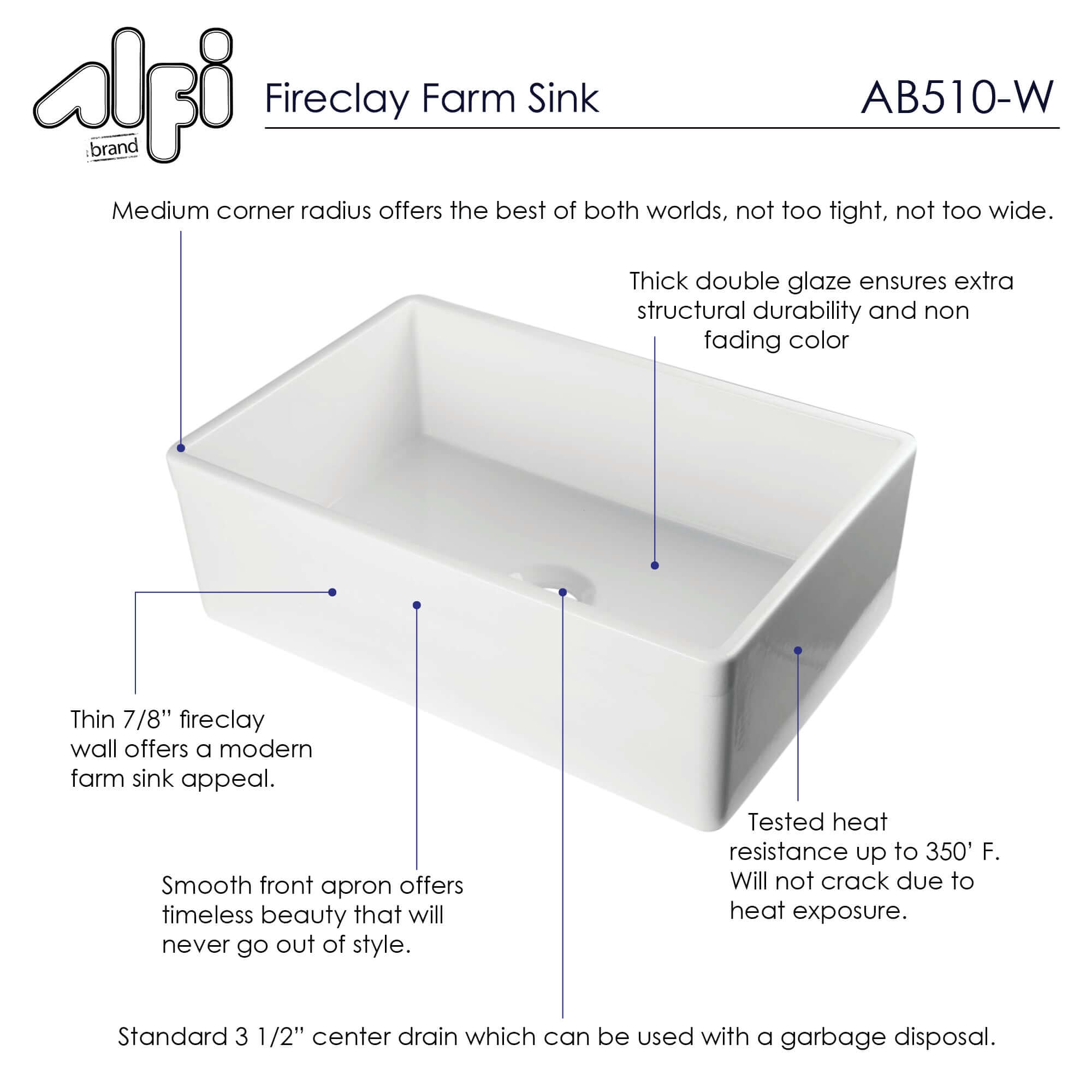 ALFI 30" Contemporary Smooth Fireclay Farmhouse Apron Sink, White, AB510-W