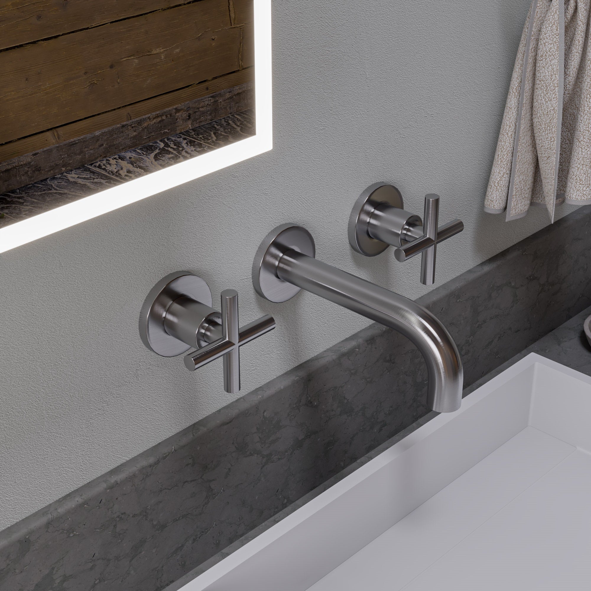 ALFI brand AB1035-BN Brushed Nickel 8" Widespread Wall-Mounted Cross Handle Faucet