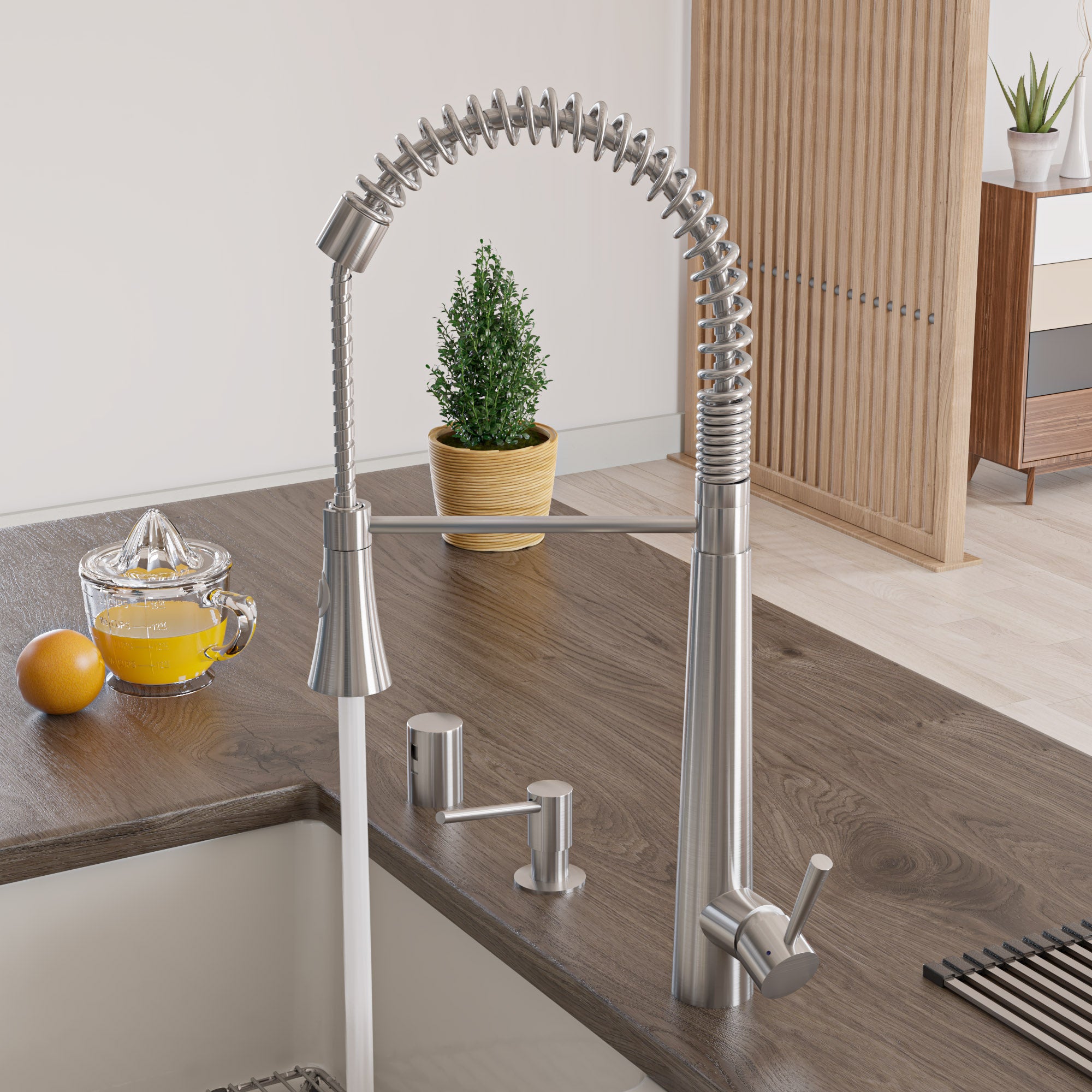 ALFI Solid Stainless Steel Commercial Spring Kitchen Faucet with Pull Down Shower Spray, AB2039S