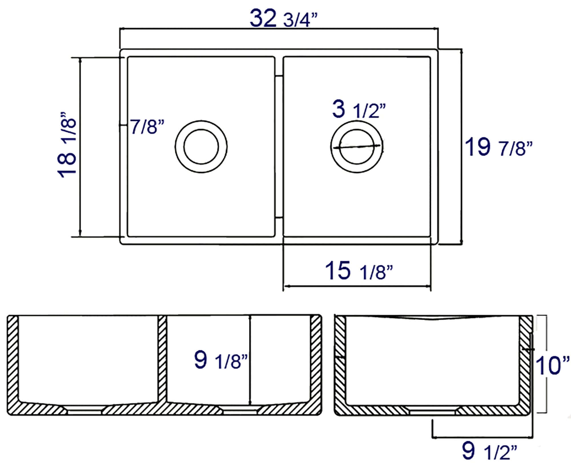 ALFI 32" Decorative Lip Double Bowl Fireclay Farmhouse Apron Sink, White, AB539-W