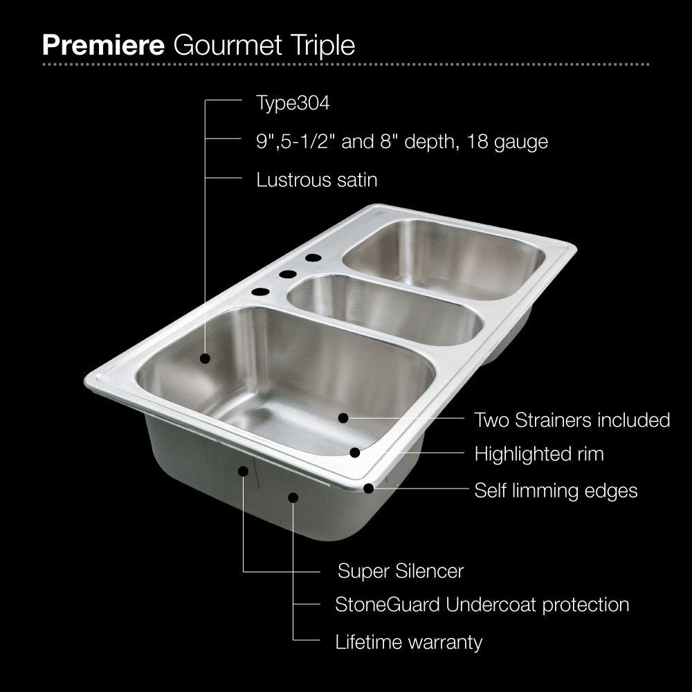 Houzer 41" Stainless Steel Topmount Triple Bowl Kitchen Sink, PGT-4322-1 - The Sink Boutique