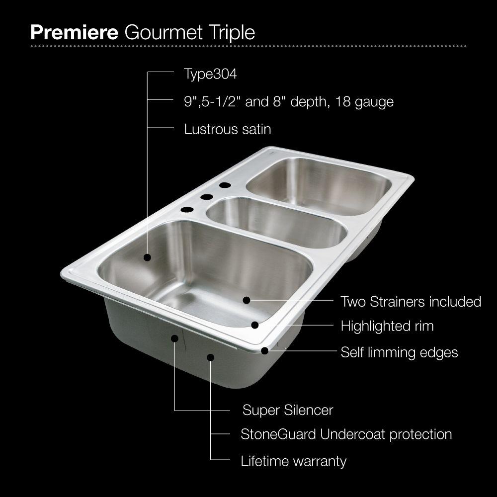 Houzer 41 Stainless Steel Topmount Triple Bowl Kitchen Sink, 18 Gauge,  PGT-4322-1