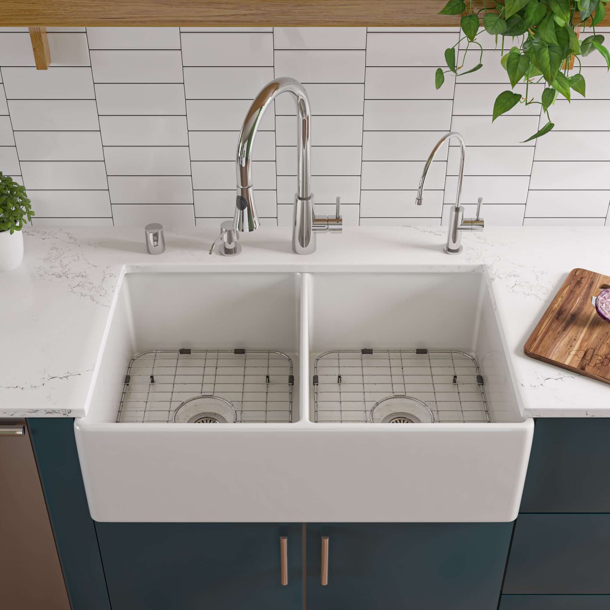 ALFI 32" Double Bowl Fireclay Farmhouse Apron Sink, White, AB538-W