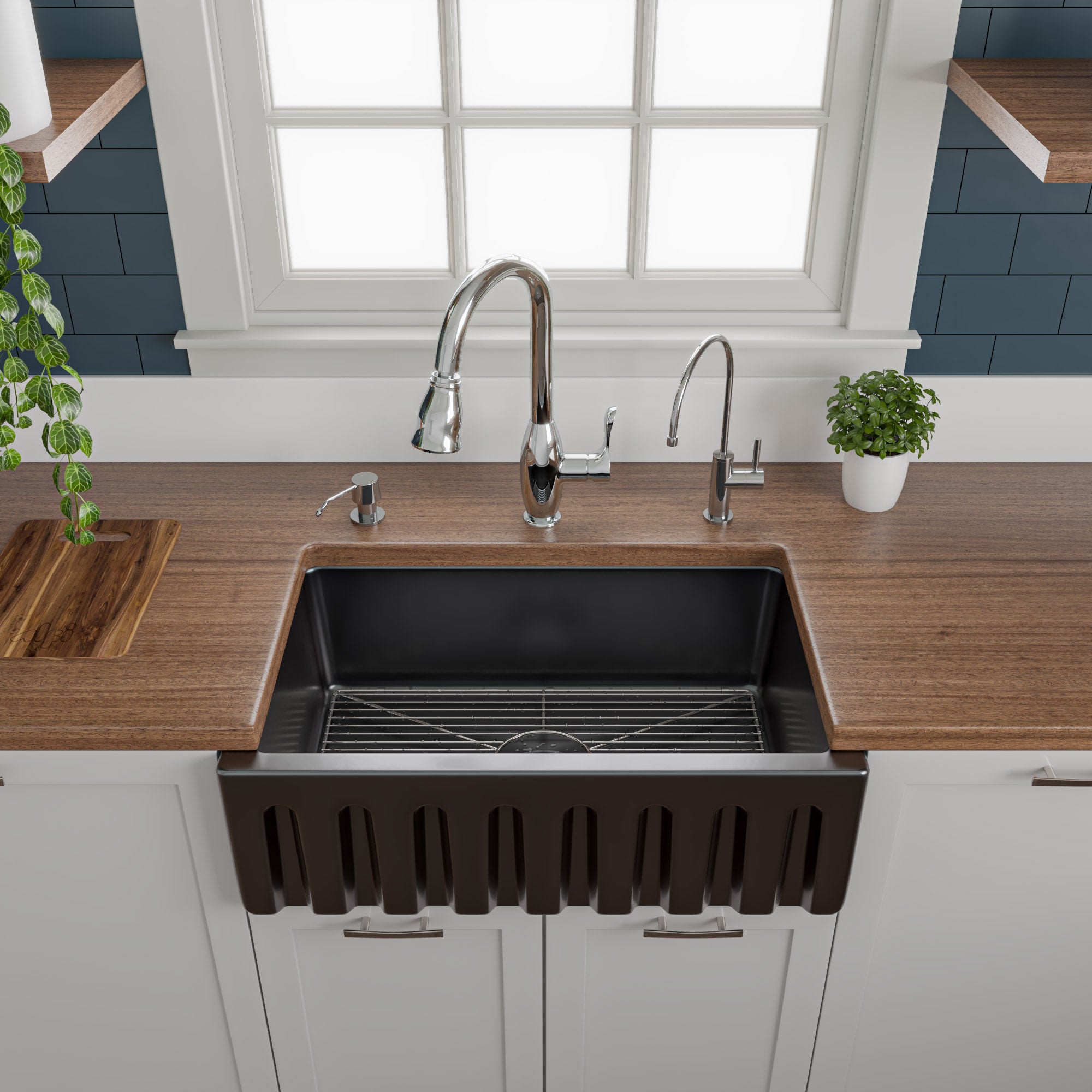 ALFI 30" Single Bowl Fireclay Farmhouse Apron Sink, Black Gloss, Reversible, AB3018HS-BG