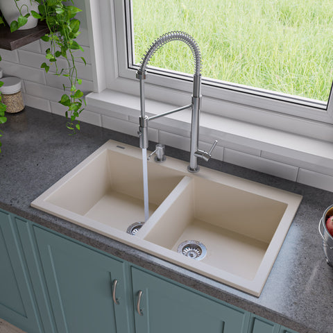 ALFI Biscuit 34" Drop-In Double Bowl Granite Composite Kitchen Sink, AB3420DI-B