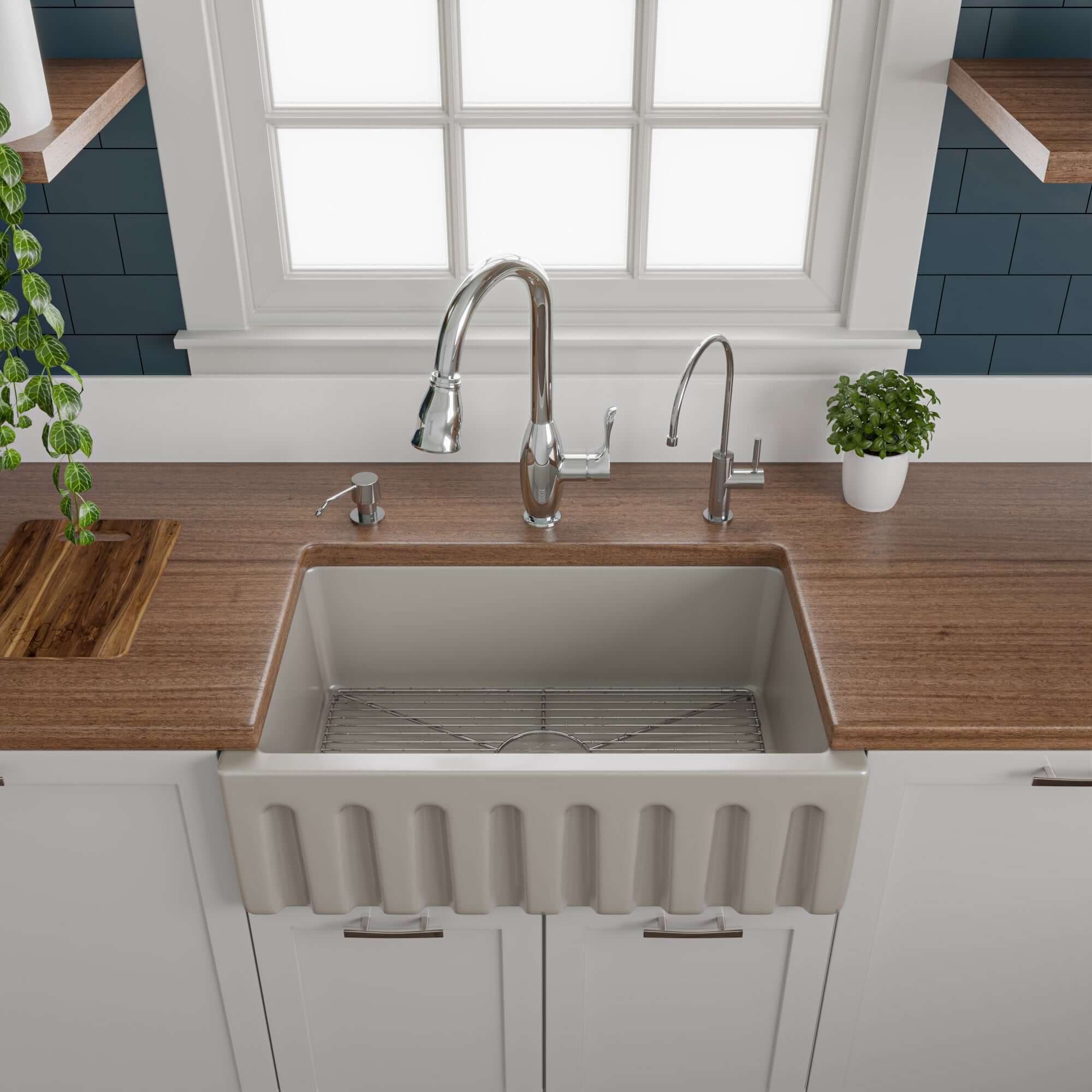 ALFI 30" Single Bowl Fireclay Farmhouse Apron Sink, Biscuit, Reversible, AB3018HS-B