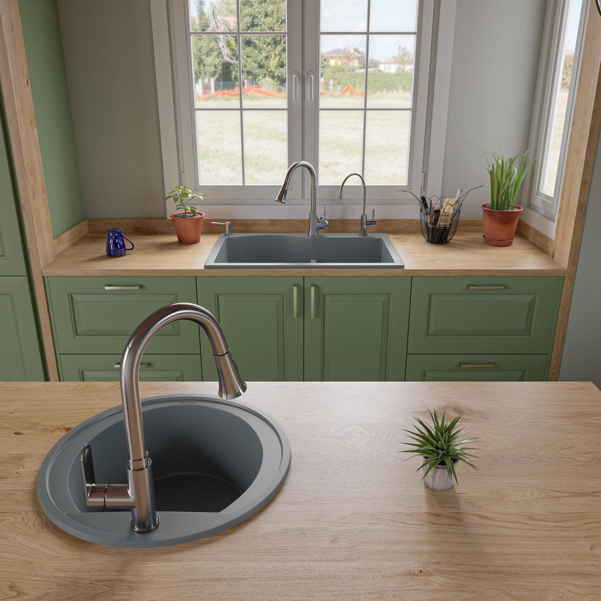 ALFI brand AB3320DI-T Titanium 33" Double Bowl Drop In Granite Composite Kitchen Sink