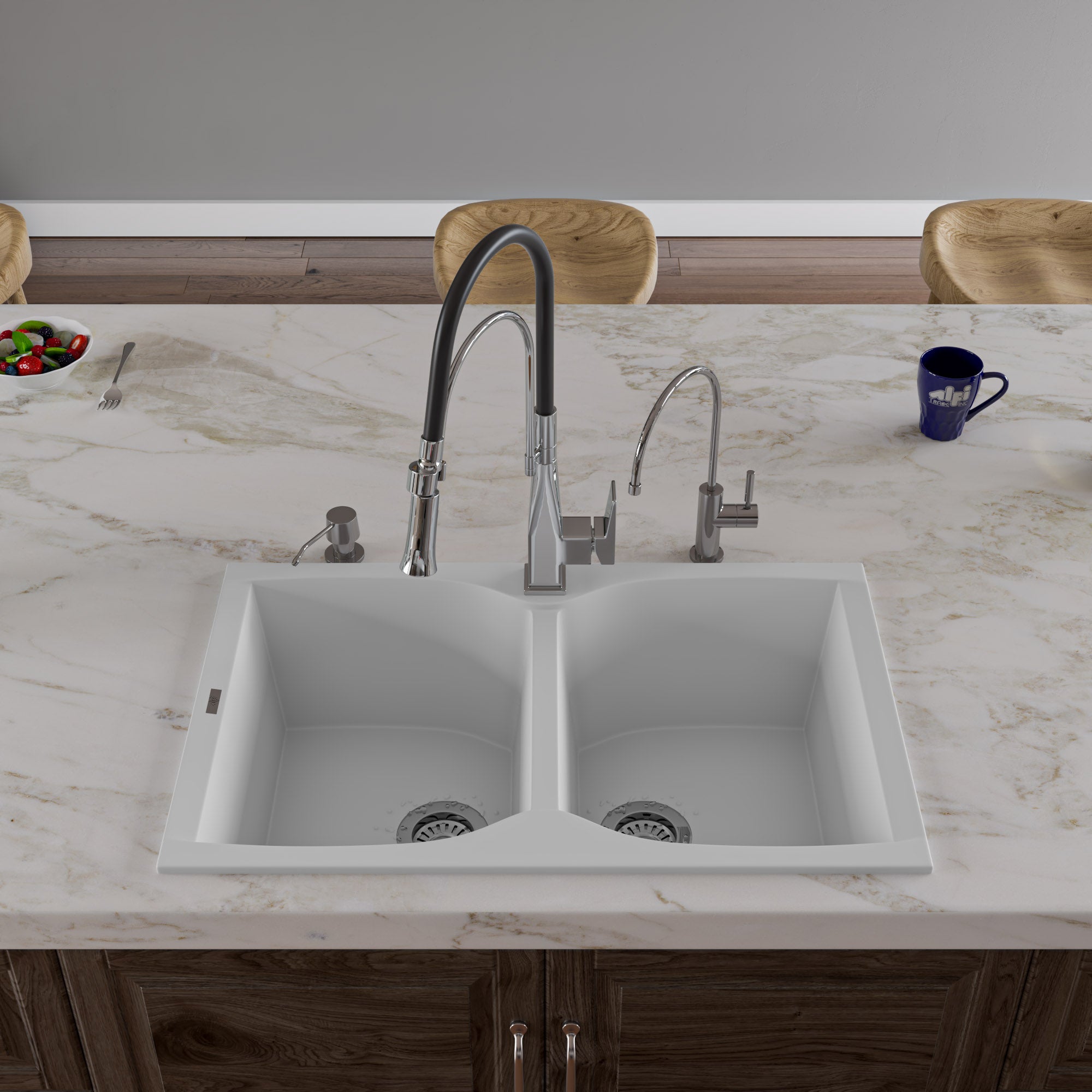 ALFI White 32" Drop-In Double Bowl Granite Composite Kitchen Sink, AB3220DI-W