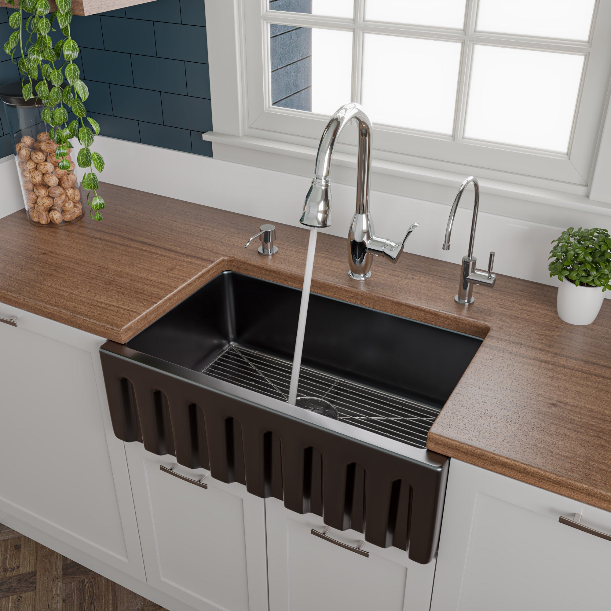 ALFI 30" Single Bowl Fireclay Farmhouse Apron Sink, Black Gloss, Reversible, AB3018HS-BG