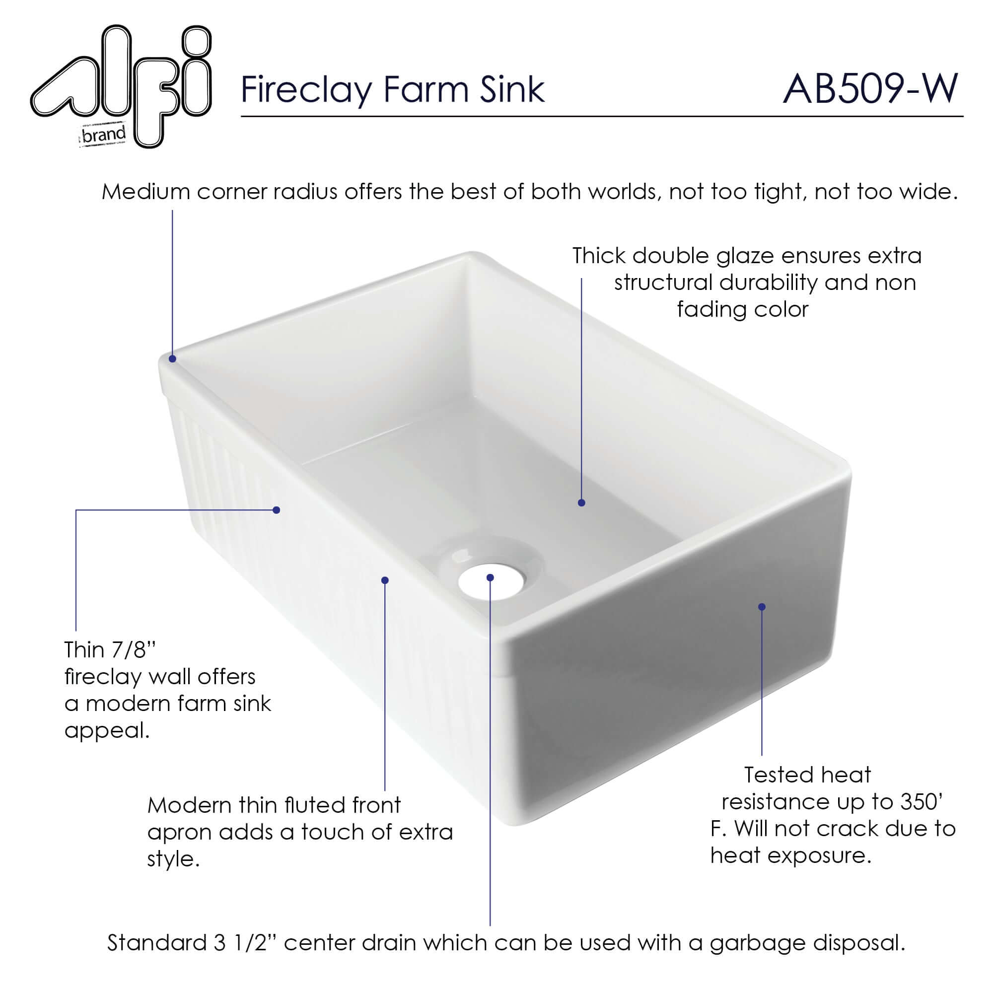 ALFI 30" Fluted Single Bowl Fireclay Farmhouse Apron Sink, White, AB509-W