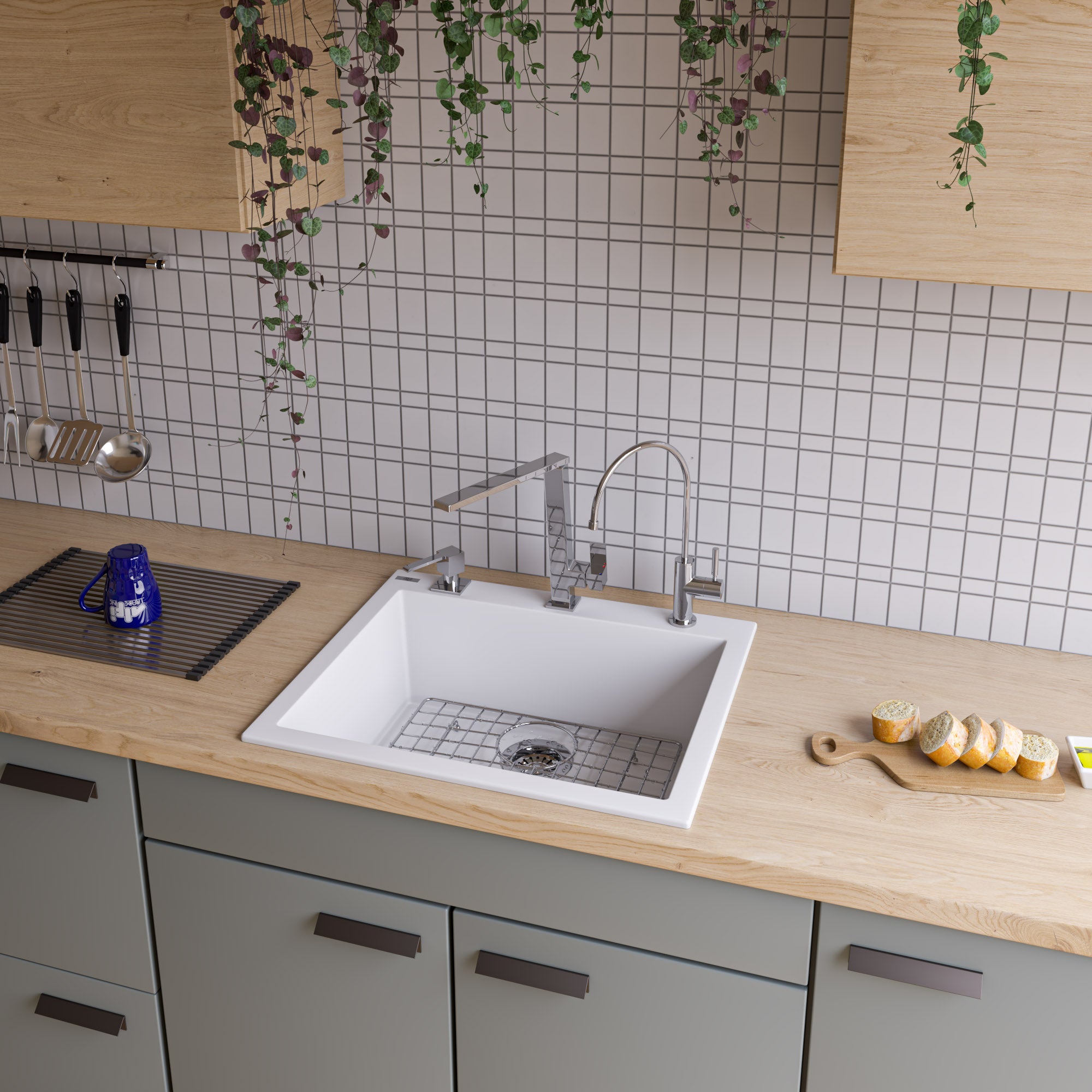 ALFI White 24" Drop-In Single Bowl Granite Composite Kitchen Sink, AB2420DI-W