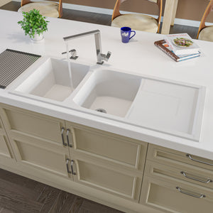 Alternate Image for ALFI 46" Double Bowl Granite Composite Kitchen Sink with Drainboard, White, AB4620DI-W