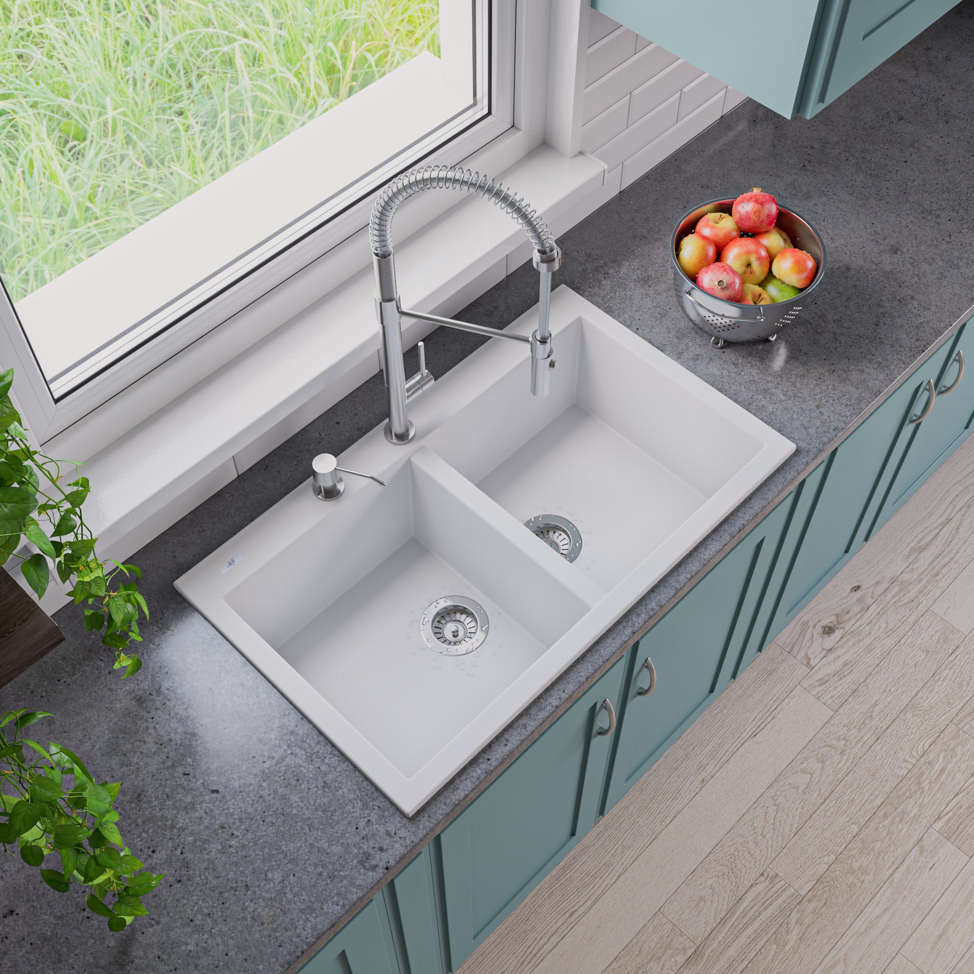 ALFI White 34" Drop-In Double Bowl Granite Composite Kitchen Sink, AB3420DI-W