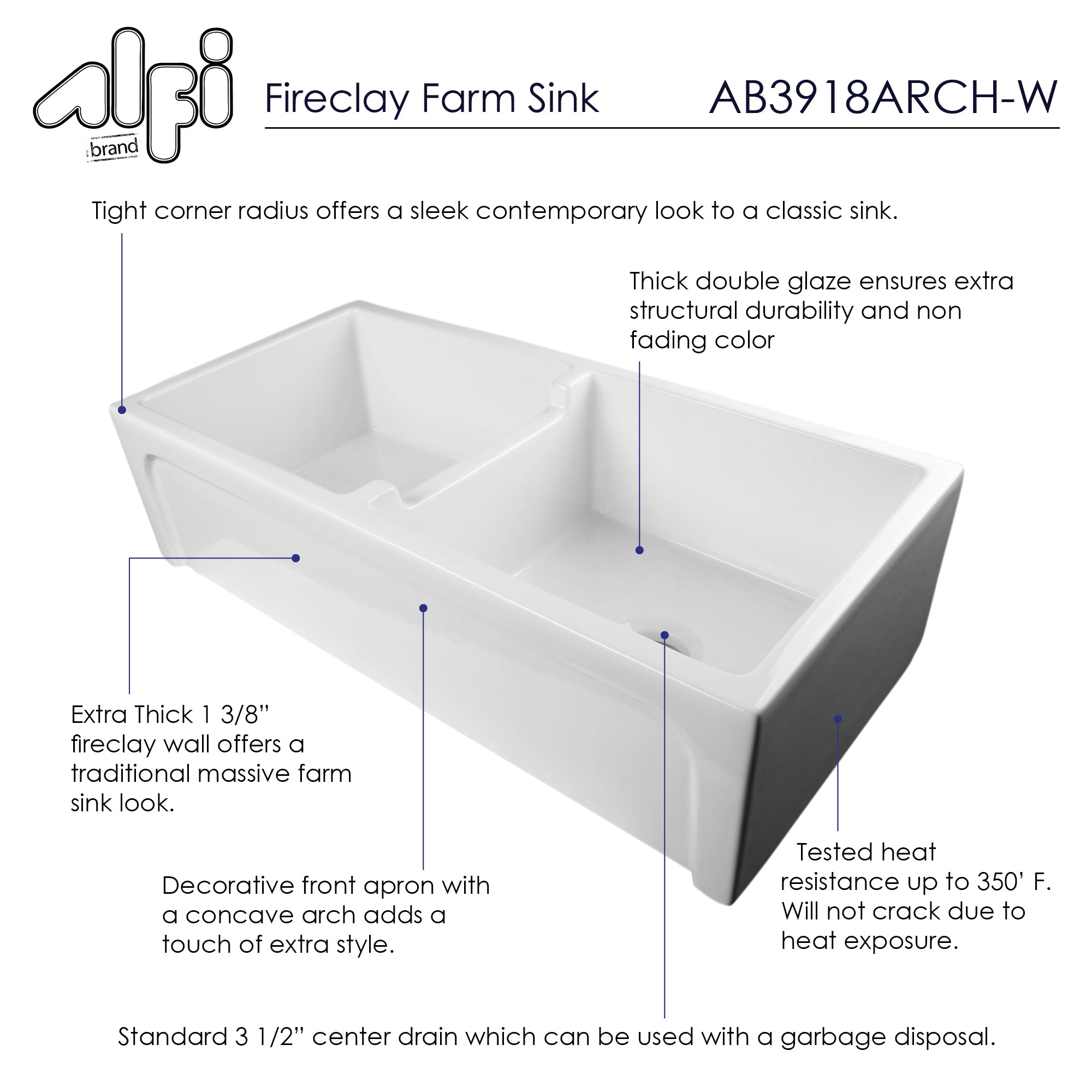 ALFI 39" Arched Double Bowl Thick Wall Fireclay Farmhouse Sink, White, AB3918ARCH-W