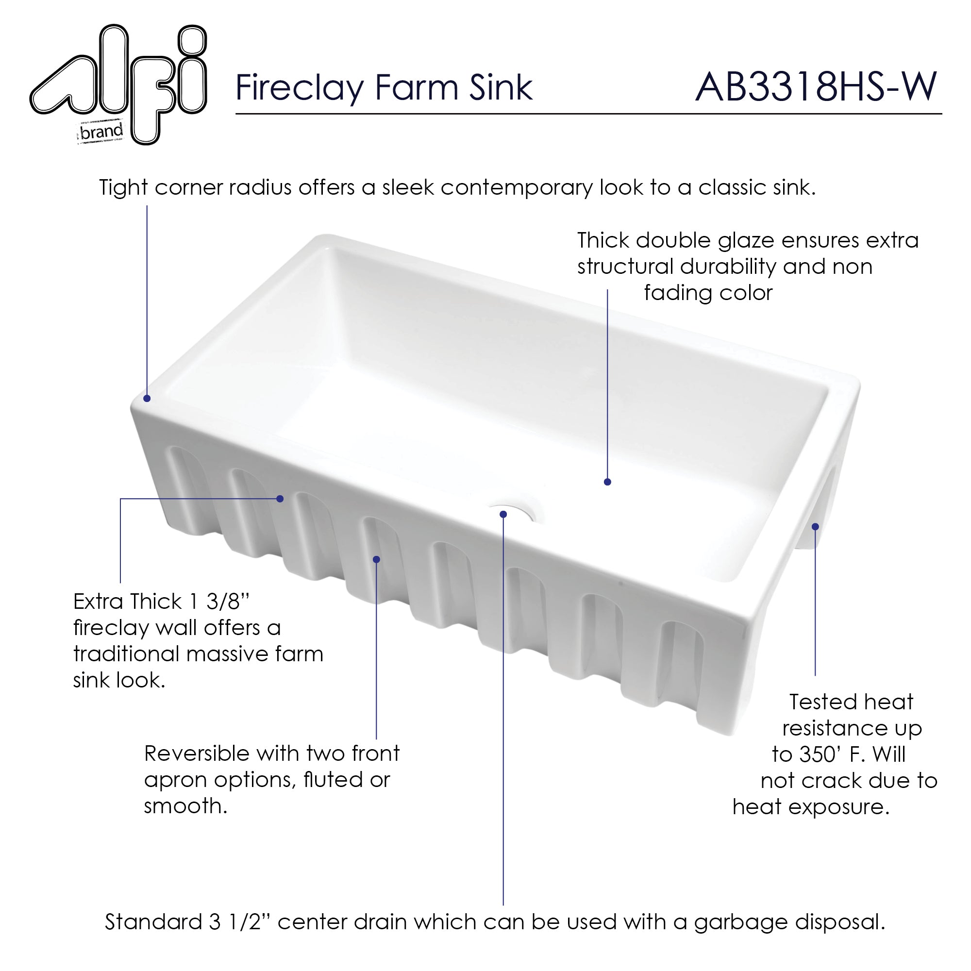 ALFI 33" Fireclay Farmhouse Kitchen Sink, Single Bowl, Reversible, White, AB3318HS-W