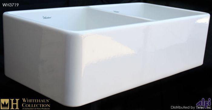 Whitehaus 36" Fireclay Double Bowl Farmhouse Apron Sink, Reversibe, White, WH3719 - The Sink Boutique