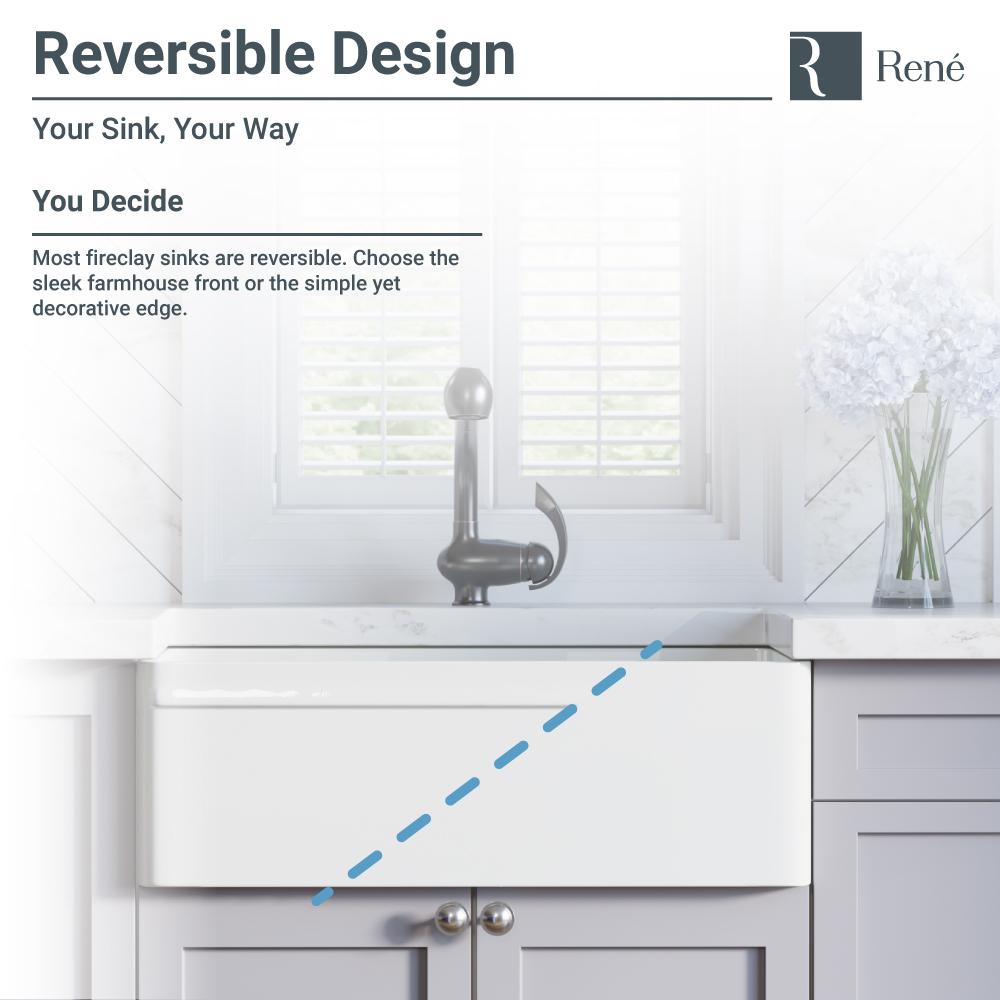Rene 30" Fireclay Farmhouse Sink, White, Smooth/Edge R10-3005-ST-B - The Sink Boutique
