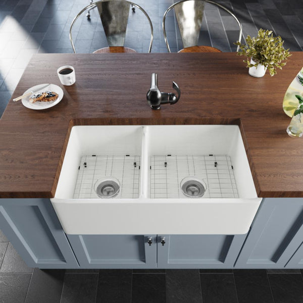 Rene 33" Fireclay Farmhouse Sink, 60/40 Double Bowl, White, R10-3003-ST-B - The Sink Boutique