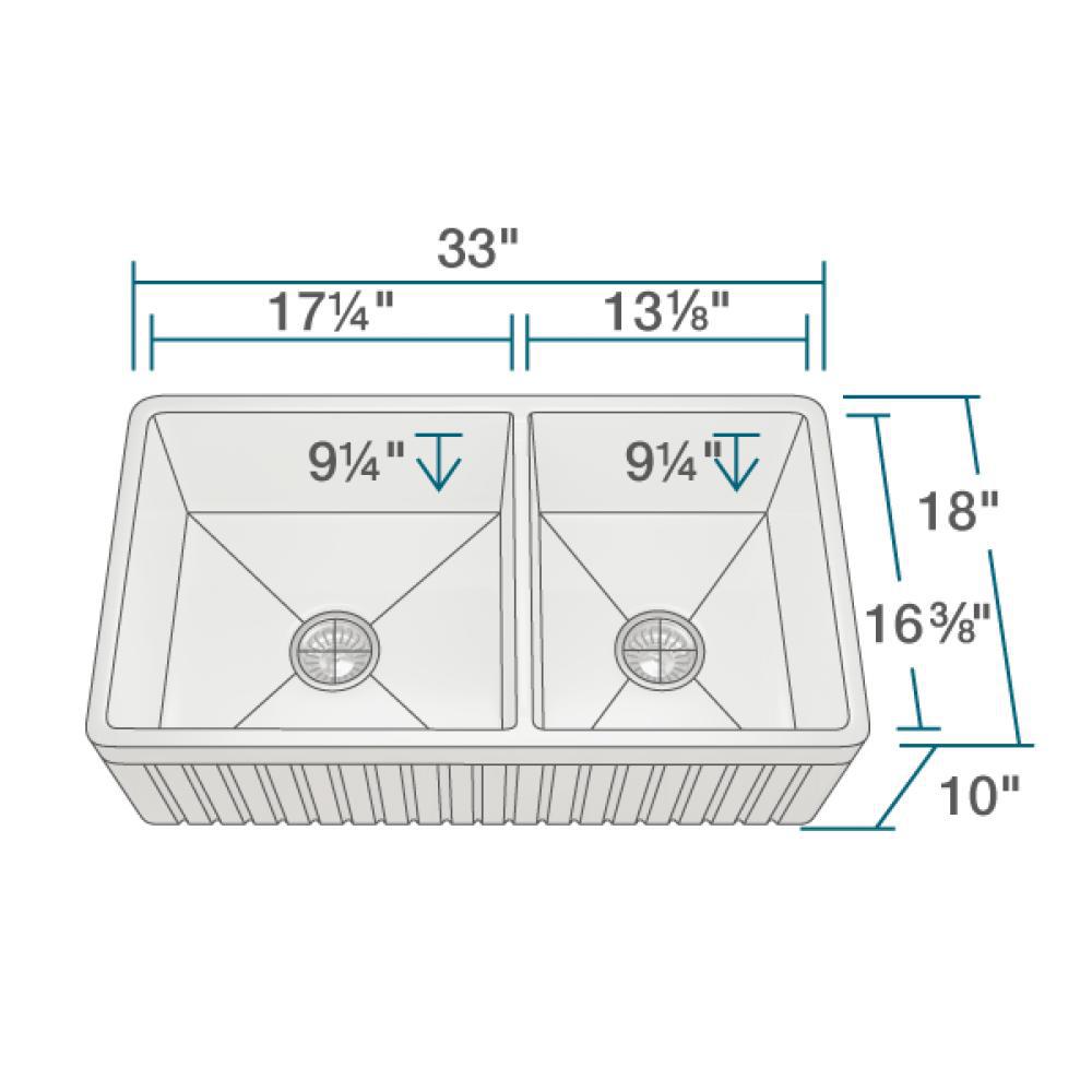 Rene 33" Fireclay Farmhouse Sink, 60/40 Double Bowl, White, R10-3003-ST-B - The Sink Boutique