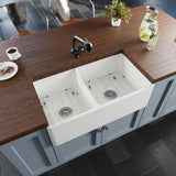 Rene 33" Fireclay Farmhouse Sink, 60/40 Double Bowl, White, R10-3003-ST-B - The Sink Boutique
